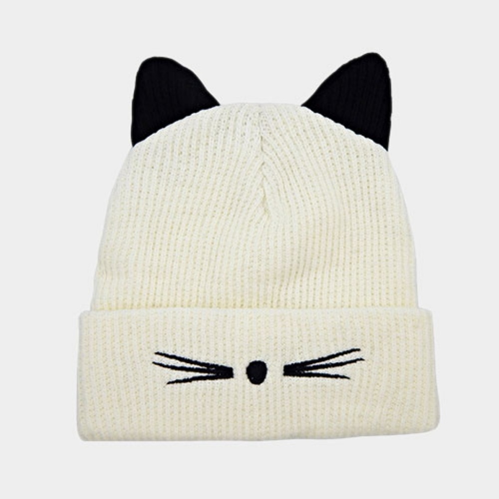Cat Ear Knit Embroidery Beanie Hat WHITE